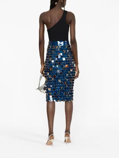 Paco Rabanne paillette-chainmail Pencil Midi Skirt - Farfetch Pencil Midi Skirt, Pencil Silhouette, Blue Amber, Midi Skirt Pencil, Chain Mail, Paco Rabanne, Press Studs, All Brands, Electric Blue