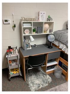 the dorm room tour includes an office desk, bookshelf, and other items