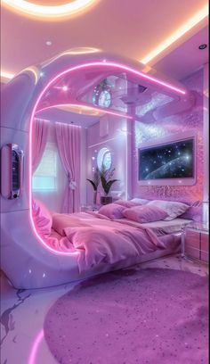 a bed room with a large mirror on the wall