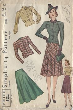 ~ Circa/Date: 1940s ~ Details:    BLOUSE, SKIRT & JACKET ~ Size/Measurements (Inches):     ~ Size: 16    ~ BUST: 34″    ~ Waist: 28″    ~ Hip: 37″ ~ Please Note: ~ You are buying a 'Professional Reproduced' copy of this sewing pattern. Copied from the original sewing pattern. Produced in Full Scale Pattern Pieces ready to cut with full instructions included. Reproduced on high quality 50 gm paper with black ink, durable and easier for reuse. Printed by a Professional Printing Company.   ~ With this product comes an accompanying 'Booklet' and inside the Booklet it includes: ~ A 2-page Instructions and Illustrations on 'How to Adjust Your pattern to your Personal Measurement.' ~ Personal Measurement Chart ~ Body Form Illustrations ~ Fitting Checklist ~ Metric Equivalency Chart ~ Note Pages ~ Vintage Vogue Sewing Patterns, Pattern Jacket, Skirt Blouse, Vintage Dress Patterns, Motif Vintage, 40s Fashion, Vintage Mode, Skirt And Blouse, Couture Vintage