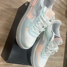 Limited Edition Af1 Don’t Have The Box But Never Worn Nike Shoes Pastel Colors, Blue And Pink Nike Shoes, Pastel Nike Lace-up Sneakers, Nike Air Force 1 Pastel Colors, Nike Custom Sneakers In Light Blue, Pink Nike Shoes, Cotton Candy Colors, Pink Nikes, Blue Nike