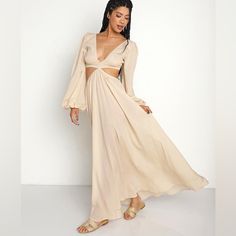 - New With Tags - Xs - Doe - Lyocell - Maxi Length - Ruched Bodice Neutral Long Sleeve Maxi Dress For Summer, Neutral V-neck Maxi Dress For Brunch, Neutral V-neck Maxi Dress For Day Out, Beige V-neck Maxi Dress For The Beach, Beige V-neck Maxi Dress With Tie Waist, Beige Ruched V-neck Maxi Dress, Bohemian Maxi Dress With V-neck And Ruched Details, Beige Floral Print V-neck Maxi Dress, Ruched Bodice