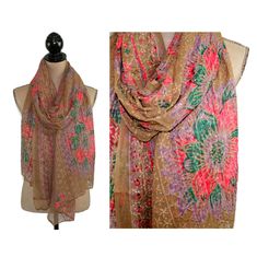 Ethnic Bohemian Wrap Scarf ~ This beautiful piece is so versatile. Extra long and wide this can be worn as a traditional scarf, head scarf, wrap or dupatta. The scarf is embroidered chiffon and full of lovely details and color.  The scarf is in near new condition.  The scarf is a 38 inches wide x 84 inches long. ♥ Thank you for visiting Magpie & Otis! Want to see our ENTIRE COLLECTION VISIT OUR HOMEPAGE at: https://www.etsy.com/shop/MagpieandOtis Summer Festive Bohemian Dupatta, Bohemian Dupatta For Spring Festive Occasion, Bohemian Spring Festive Dupatta, Head Scarf Wrap, Bohemian Wrap, Floral Duster, Scarf Head, Grunge Dress, Purple Vintage