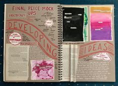 an open book with pictures and words on it, including the title'final piece mock ups '