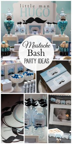 a little man mustache bash party with blue and white decorations