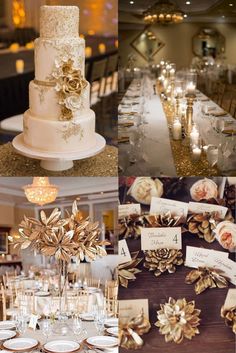 a collage of photos with gold and white decorations