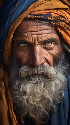 an old man with a long beard and orange turban looks into the camera