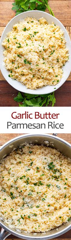 garlic butter parmesan rice in a pan on a wooden table with text overlay