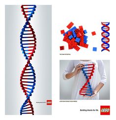 an image of a building block set with a model of a strand of red and blue legos