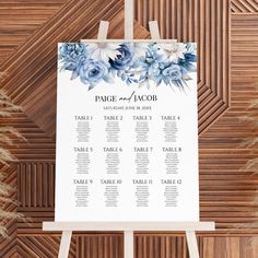 a seating chart with blue flowers on it