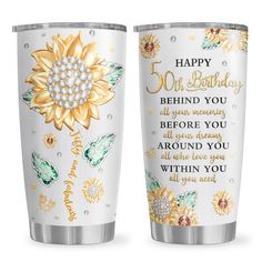 two personalized tumblers with the words, happy birthday and sunflowers on them