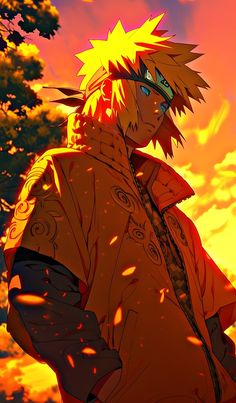 an anime character standing in front of a sunset