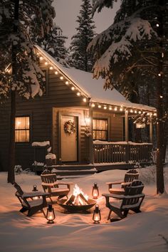 a cabin in the snow with christmas lights on it's roof and chairs around an open fire pit