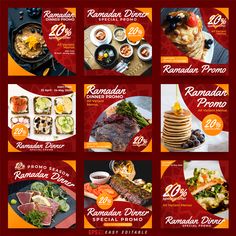 the menu for ramadan dinner is shown in red and orange colors, with different foods on