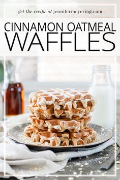 cinnamon oatmeal waffles stacked on top of each other with the title overlay