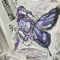 an altered photograph of a purple butterfly on top of some newspaper paper with other papers around it