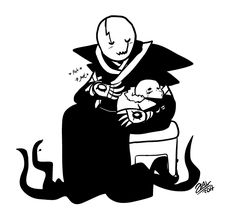 a black and white drawing of a person sitting on a chair with a baby in his lap