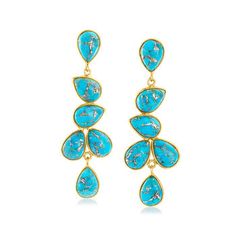 Ross-Simons - Turquoise Drop Earrings in 18kt Gold Over Sterling. Have splashy color be your defining trait at the next event you attend. Vibrant 7x10mm pear-shaped stabilized turquoise cabochons tumble downward in these chic and sophisticated drop earrings crafted in 18kt yellow gold over sterling silver. Hanging length is 2". Post/clutch, turquoise drop earrings. Jewelry Presentation, Onyx Colour, Black Onyx Bracelet, Turquoise Drop Earrings, Onyx Bracelet, Cameo Pendant, Pearl Hoop Earrings, Cz Stud Earrings, Earring Crafts