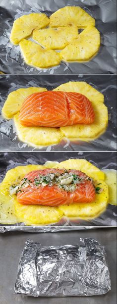 three images of salmon and pineapple on foil