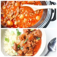 two pictures with different types of food in them, one is stew and the other has rice