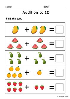 the addition to 10 worksheet is shown with fruits and numbers on it,