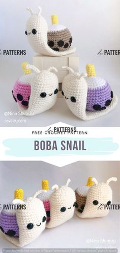 crochet pattern for an adorable little toy snail with two hats on top and three smaller ones in the bottom