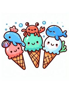 three ice cream cones with cartoon characters on them