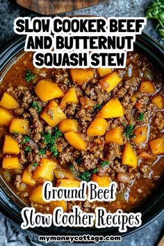 slow cooker beef and butternut squash stew in a bowl with text overlay