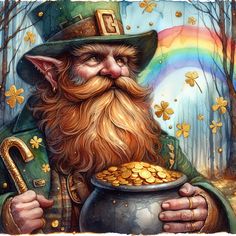 a painting of a leprechaun holding a pot of gold