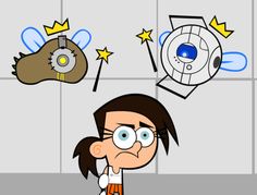 a cartoon character is looking at some things on the wall behind her, including an eyeball