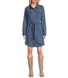 From Wrangler®&#x2C; this shirtdress features:Spread collarLong sleevesSnap-front closureTwo snap-flap pocketsTie waist beltWestern front-and-back yokesCotton denimMachine wash/tumble dryImported. Daytime Dresses, Junior Dresses, Shirtdress, Dillard's, Denim Dress, Blue Color, Clothing Accessories, Clothes For Women, Long Sleeve