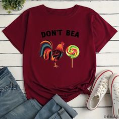 Peilia - Womens Plus Size Rooster & Candy Print Crew Neck Short Sleeve Casual T-shirt Red Graphic Tee With Funny Print, Red Crew Neck Top With Funny Print, Multicolor Slogan Crew Neck Top, Red Casual Top With Funny Print, Casual Red Top With Funny Print, Candy Print, Denim Wear, Mandala Print, Fabric Medium