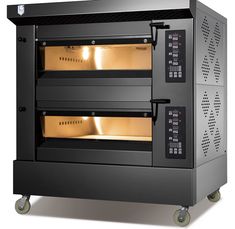 an electric oven with two doors and three shelves on wheels for storing food or other items