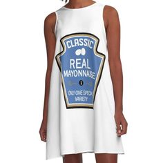 a woman wearing a white dress with the words classic real mayonnaise on it