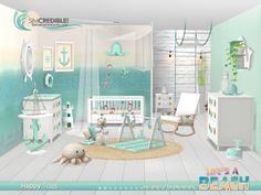 a baby's room is decorated in pastel blue and green colors, with an ocean theme