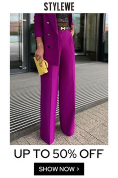 Spring Office Pants In Purple, Purple Office Pants For Spring, Purple Pants For Spring Office Wear, Fitted Wide Leg Purple Pants, Purple Straight Pants For Fall, Chic Purple High Waist Wide Leg Pants, Purple Stretch Wide Leg Bottoms, Spring Office Purple Pants, Purple Fitted Wide Leg Pants