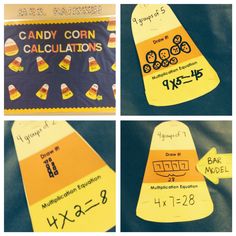 four different pictures with candy corn calculations on them, including one for the fraction line