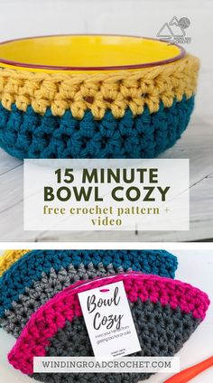 crochet bowl cozy pattern with text that reads 15 minute bowl cozy free crochet pattern video