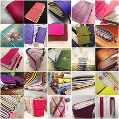 many different types of notebooks and pens are shown in this collage with the same colors