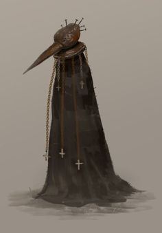 a bird with chains and crosses on it's head is wearing a black dress