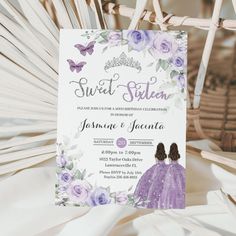 two children are standing next to each other in front of a purple and white wedding card