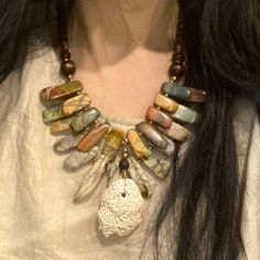 Hand Crafted | Jewelry | Bohemian Style Necklace | Poshmark Large Stone Necklace, Element Necklace, Pressed Flower Necklace, Quartz Pendant Necklace, Chunky Statement Necklace, Pearl Necklace Earrings, Bronze Necklace, Large Stone, Rainbow Necklace