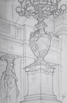 a pencil drawing of a lamp and statue