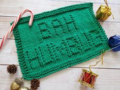 Green Bah Humbug Knit Dishcloth Christmas Dishcloth, Knit Dishcloth Pattern, Knit Items, Washcloth Pattern, Bah Humbug, Knit Dishcloth, Beginner Knitting Projects, Dishcloth Pattern, Best Stocking Stuffers