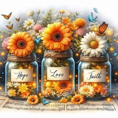 three mason jars filled with sunflowers and butterflies