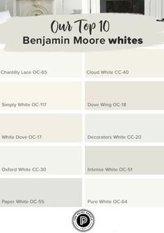 the top 10 paint colors for your home in white and neutrals, with text overlay that reads our top 10 benjam more whites