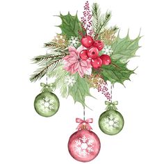 watercolor christmas ornaments with holly and poinsettis