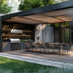 an outdoor kitchen and dining area is shown in this rendering, with the patio covered by a pergolated roof