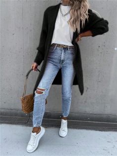 Rok Midi, Casual Cardigan Sweater, Sandal Tali, Áo Len Cardigan, Long Sleeve Knitted Cardigan, Mode Casual, Trendy Fall Outfits, Outfit Inspiration Fall, Casual Cardigans