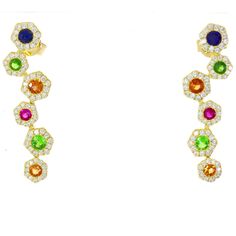 Bold and vibrant! These sapphire rainbow earrings that will instantly add a smile to anyone's face who sees you wearing these. The 14k gold earrings with a post-back feature brilliant diamonds and 0.72 ctw of rainbow sapphires. Earrings made of 14k yellow gold, featuring round rainbow sapphire and diamond. Total diamond carat weight is 0.5. Sapphire And Diamond Earrings, Rainbow Sapphires, September Birthstone Jewelry, Rainbow Earrings, Brilliant Diamond, Jewellery Design, Diamond Carat, Birthstone Jewelry, Birmingham